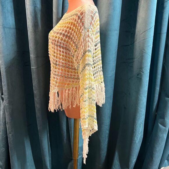 POL Crochet Mesh Knit Boat Neck Top, Fringe, Cream/Yellow/Blue. Small. NWT! - Picture 4 of 11